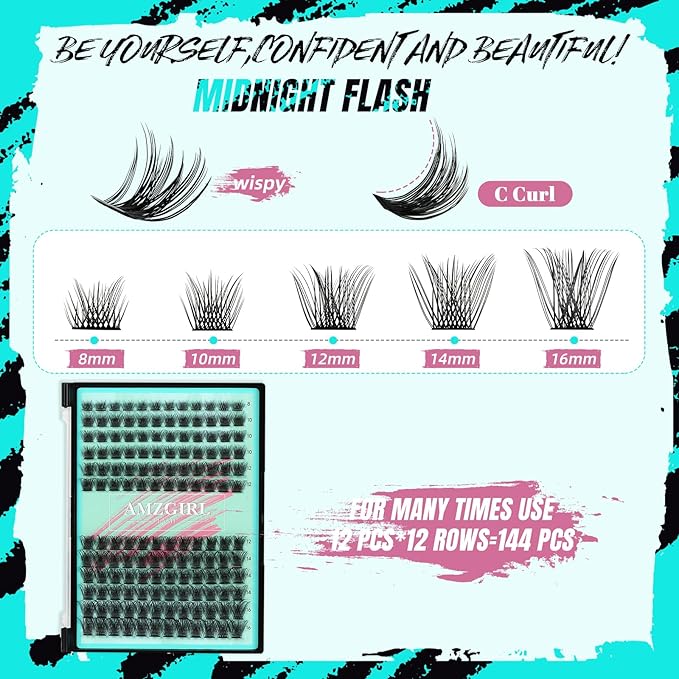 Lash Clusters Kit,144Pcs Eyelash Extension Kit Midnight with Lash Bond and Seal,Lashes Extensions Kit Lash Applicator Tool for Eyelashes Cluster Kit by AMZGlRL(C-Mix8-16mm Kit)