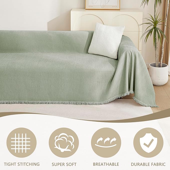 MYSKY HOME Easy Fitted Couch Cover for Dogs - Stain Resistant Sage Sofa Cover for 2 Cushion Loveseat - Multi-Use Sectional Universal Tassel Throw 91"X 118"