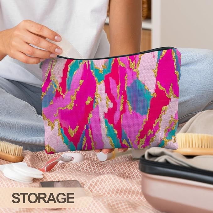 Hot Pink Teal Gold Marble Makeup Bag, Women's Cosmetic Case, Waterproof Linen Bag, Effortless Organization