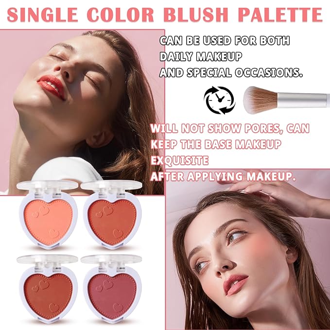 4Pcs Blush Palette for Cheeks with Make Up Brush,Face Matte Contour Blush Makeup Palette,Buildable Shimmer Facial Cheek Blusher Shades,Blendable Cosmetic Makeup Blush B