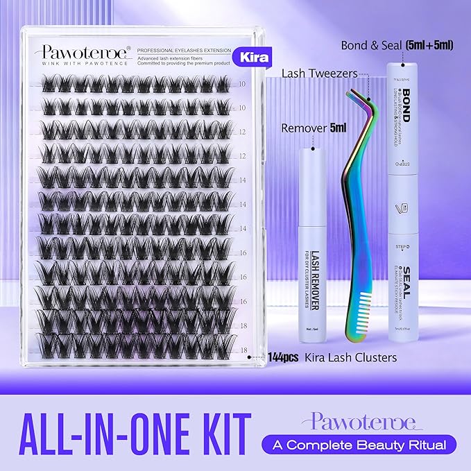 Pawotence Kira Lash Clusters Kit 10-18mm Cluster Lashes Extension Kit 144pcs Fairy Eyelash Clusters Wispy Lashes Cluster Eyelash Extensions with Waterproof Lash Bond and Seal, Remover, Applicator