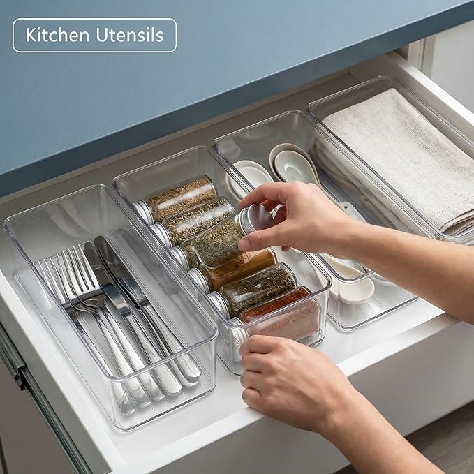 8 PACK Drawer Organizer Bins Bathroom Deep Drawer Organizer Tray for Cutlery Vanity Make-up, Clear Stackable Storage Bins for Kitchen Cabinet Closet Counter Organization and Storage