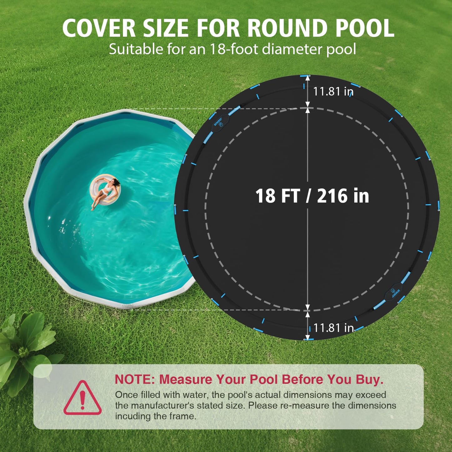 AGROAIDE 18ft Above Ground Pool Cover with Metal Buckle Straps, 420D Oxford Fabric for All Season Use - Tear Resistant, UV & Dust Proof