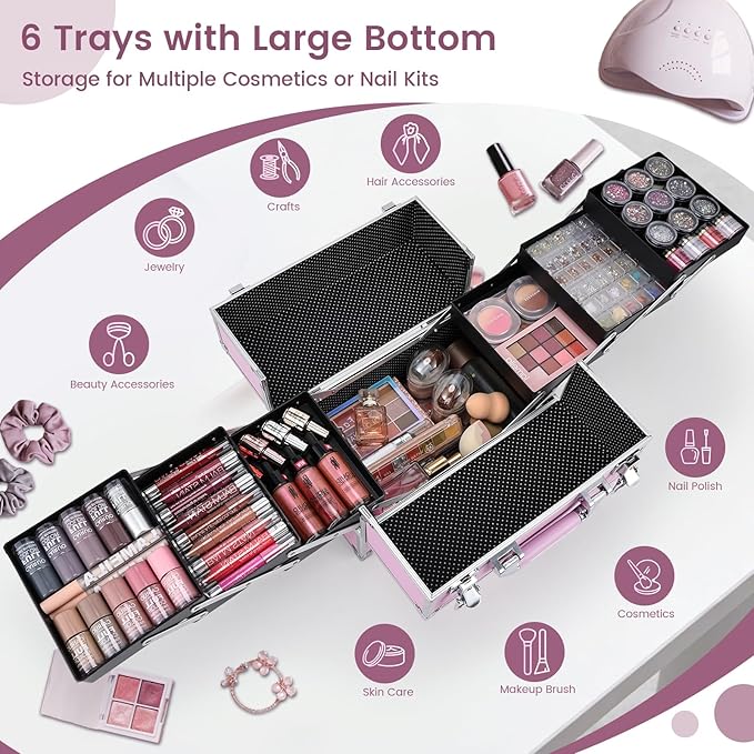 Frenessa Makeup Train Case Large Portable Cosmetic Case - 6 Tier Trays Professional Makeup Storage Organizer Box Make Up Carrier with Lockable keys - Pink