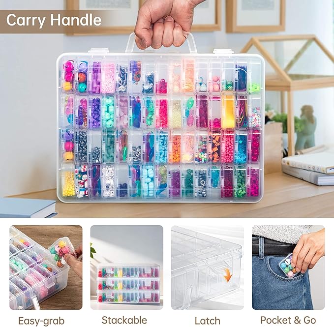 Bead Organizer Box, 120 Pack Small Clear Storage Boxes with Labels, Large Travel Craft Case with Handle, Mini Plastic Containers for Jewelry Making Diamonds DIY Pony Bracelet Screws Seeds Small Parts