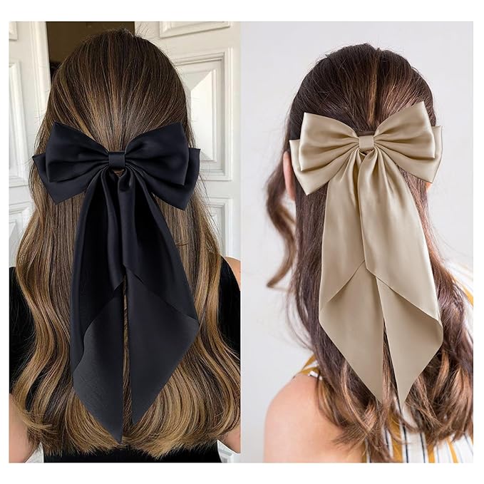 6Pcs Large Bows Hair Clips for Women Girls Long Tail Hair Ribbon Silky Satin Barrettes Coquette Hair Bows Accessories (Black/Bluegrey/Deepblue/Light Pink/Purple/Khaki)
