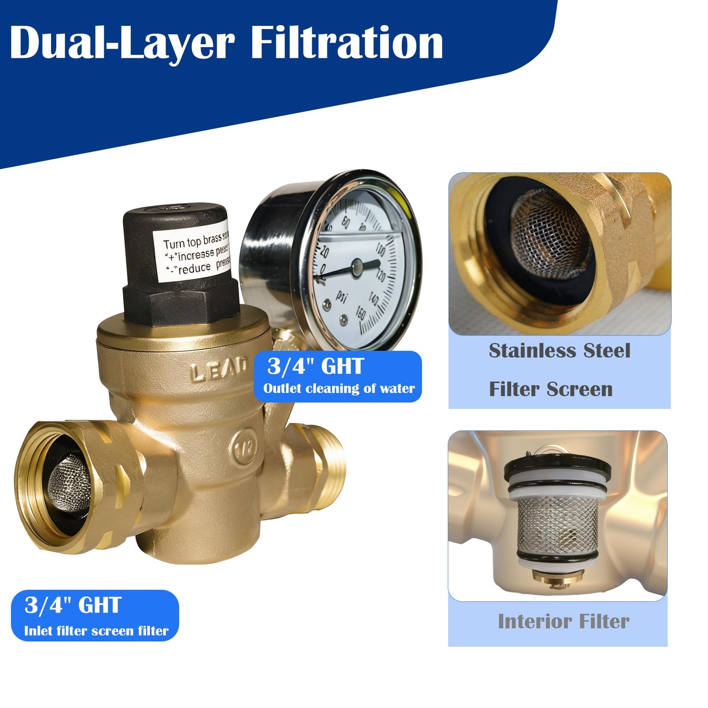 Hourleey Water Pressure Regulator Valve, RV Brass with Gauge and Inlet Screened Filter for Camper Trailer