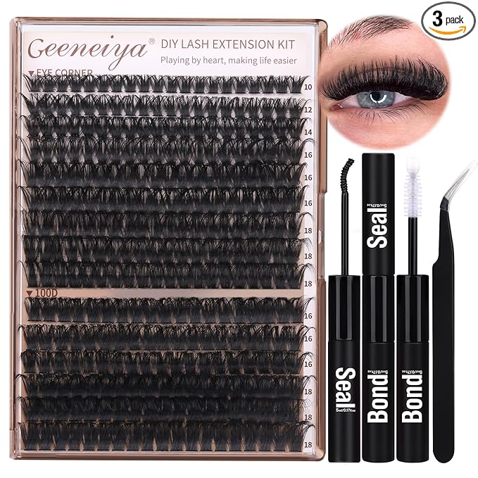 Geeneiya Volume Lash Clusters Kit DIY Lash Extension Kit D Eyelash Extensions with Lash Bond and Seal Tweezers,10-14mm Eye Corner Eyelashes and 16-18MM Cluster Lashes 300Pcs
