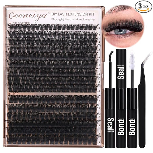 Geeneiya Volume Lash Clusters Kit DIY Lash Extension Kit D Eyelash Extensions with Lash Bond and Seal Tweezers,10-14mm Eye Corner Eyelashes and 16-18MM Cluster Lashes 300Pcs