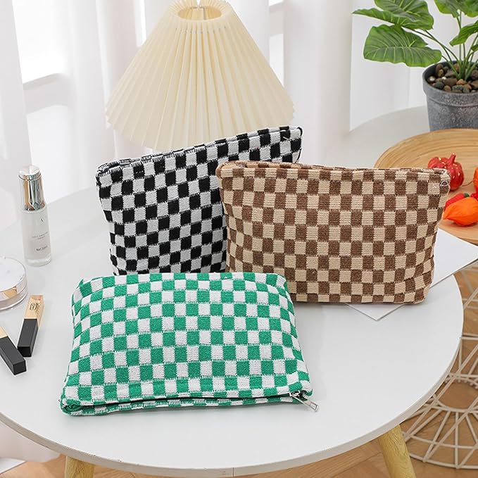 Cosmetic Bags for Women - Corduroy Cosmetic Bag Aesthetic Women Handbags Purses Smile Dots Makeup Organizer Storage Makeup Bag Girls Case Bags (Q-Checkered orange)