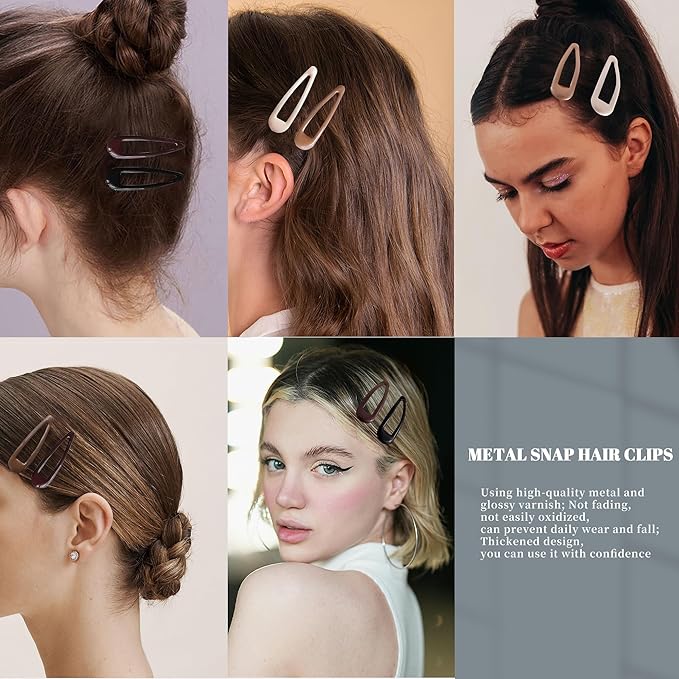 20 PCS Metal Snap Hair Clips Water Drop No Slip Barrettes for Women Bright Small Hair Clips For Thick And Thin Fine Hair,Black Beige Brown,1.97 x 0.5 In.