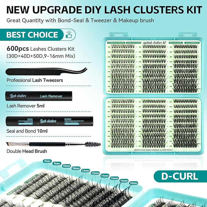 Wispy Lash Clusters Kit, D Curl Lashes Clusters Natural Look 9-16mm Individual Super Thin Band DIY Cluster Eyelash Extensions Kit with Bond Seal Tweezers Brush Remover (30D 40D 50D Mix)