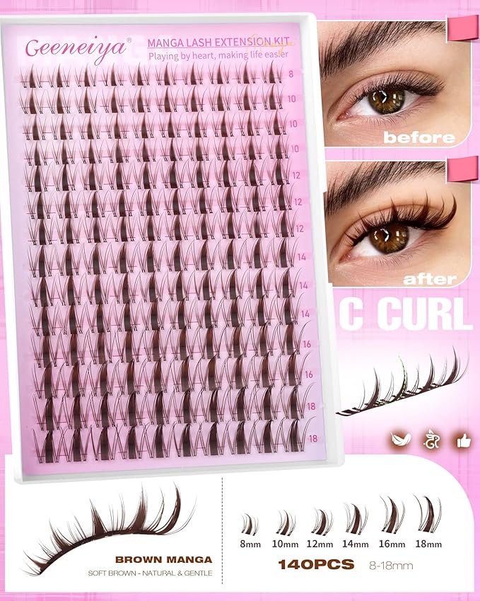 Geeneiya BROWN MANGA Lashes Clusters Kit DIY Lash Extension, 8-18MM Invisible Band Lash Clusters, Soft C Curl Cluster Eyelash Extensions Kit with Waterproof Lash Bond and Seal, Lash Remover, Tweezers