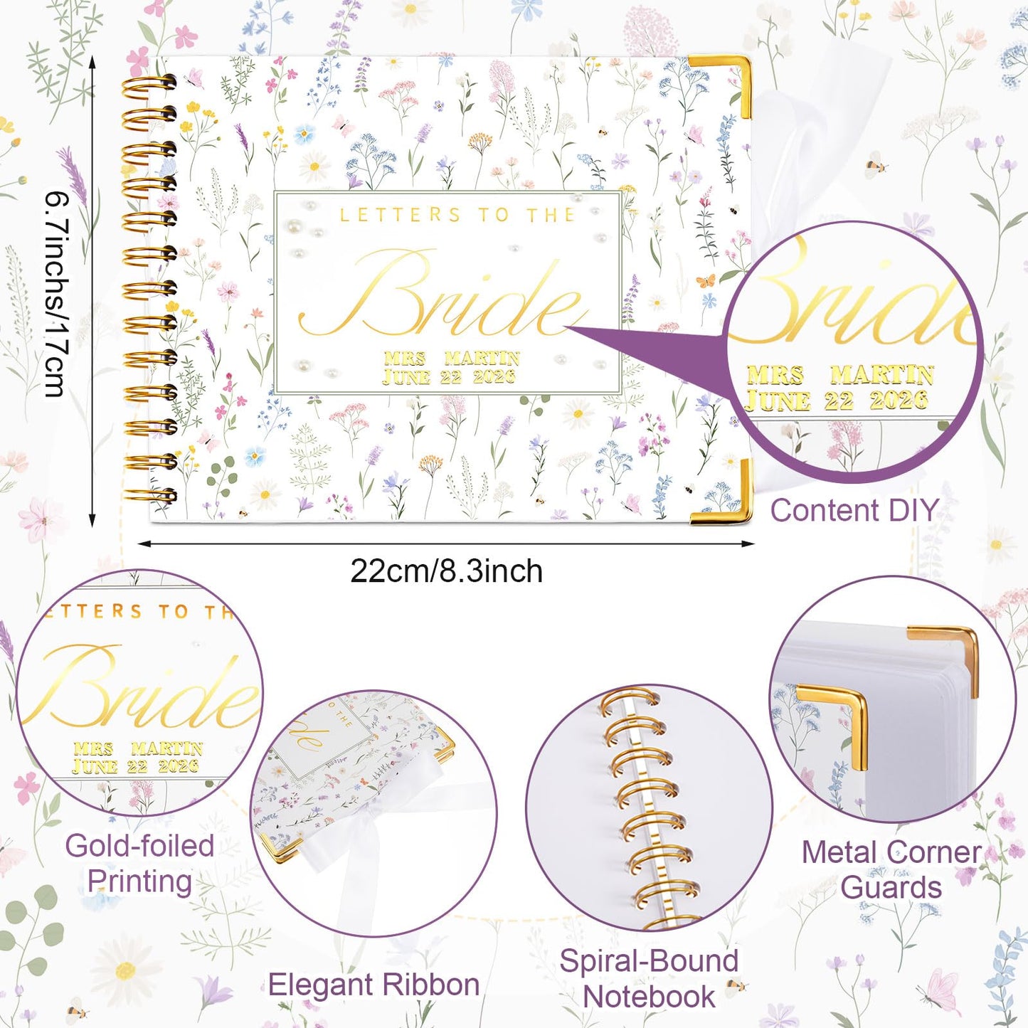 Humyoun Wedding Guest Book Letters to The Bride Scrapbook Wedding Memory Book Bridal DIY Blank Paper Scrapbook Photo Album Guest Sign with Pearl Stickers(8.5 x 7 Inch,Wildflower,Colorful)