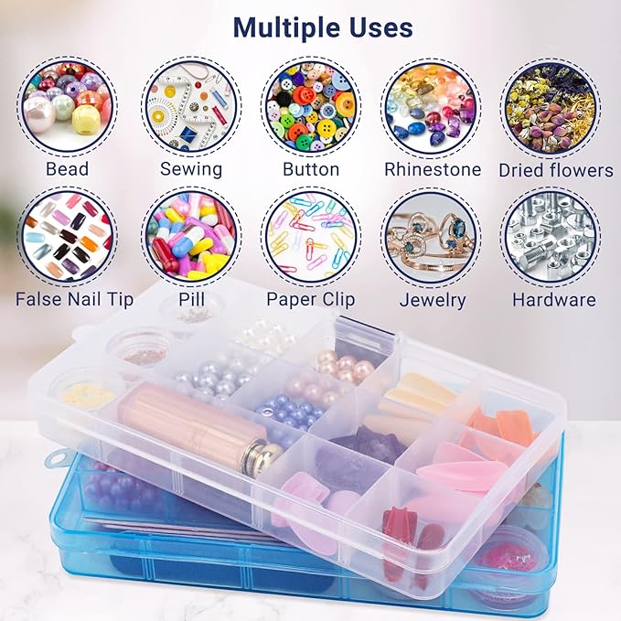 Cosics 10pcs Fake Nail Storage, 15-Grid Small Plastic Rhinestone Organizer Box, Acrylic False Nail Tips Container, Jewelry Display Holder, Tackle Hair Art Craft Accessories Empty Case with Dividers
