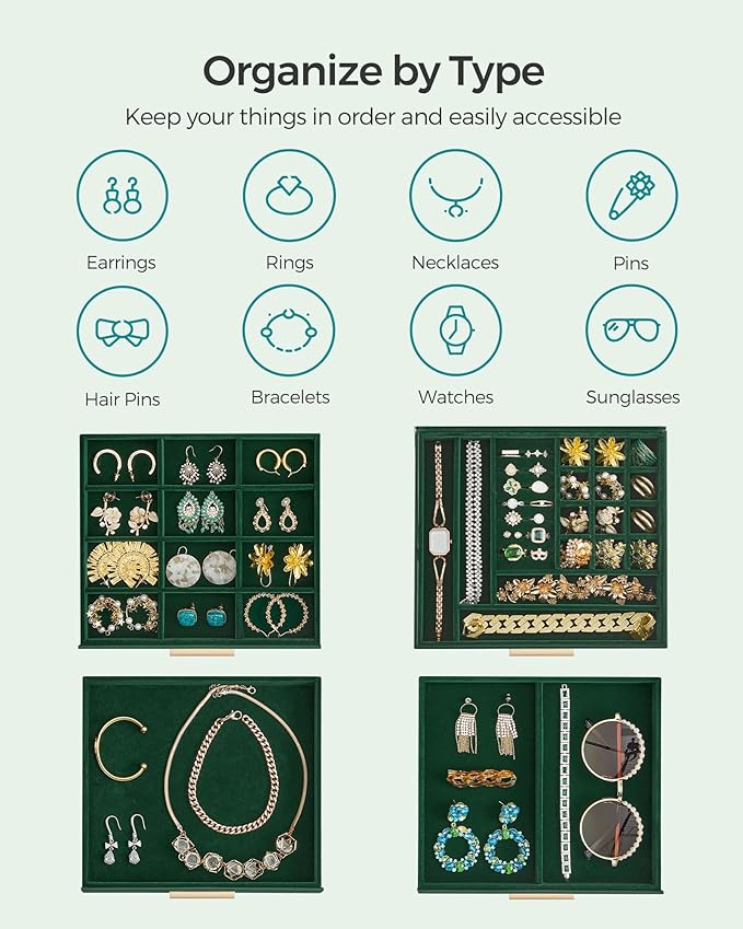 SONGMICS GISELLA Collection - Jewelry Box Organizer, 4-Layer Jewelry Storage with 3 Drawers, Shiny Metal Hardware, Glass Lid, Modern, 8 x 9.1 x 6.5 Inches, Forest Green and Gold Color UJBC173C01