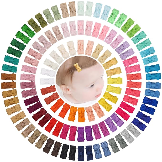 CÉLLOT Hair Clip, 120pcs Baby Girls Grosgrain Ribbon 1.2" Mini Bow Snap Clips, 60 Colors for Infant Toddlers Fine Thin Hair in Pairs