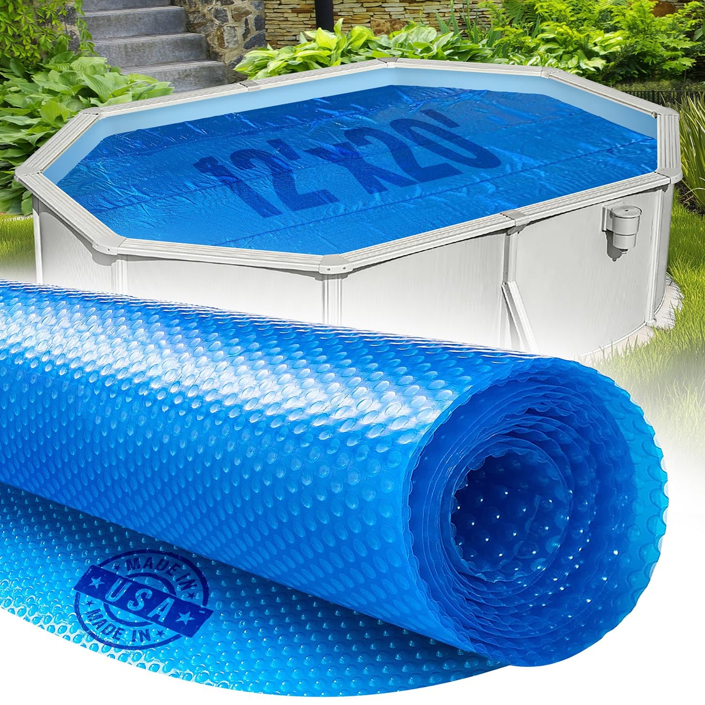12' x 20' Oval Solar Cover for Inground and Above Ground Pools, 12 Mil - Premium Heavy Duty Solar Blanket for Above Ground Pool, Blue - Made in USA
