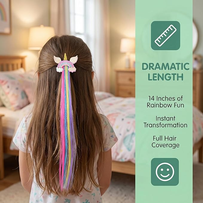Little World Hair Clips for Girls, 6 Pcs Rainbow Hair Extensions, Unicorn Hair Clips for Girls Toddler Kids Ponytails, Hand-made Cute Glitter Hair Accessories