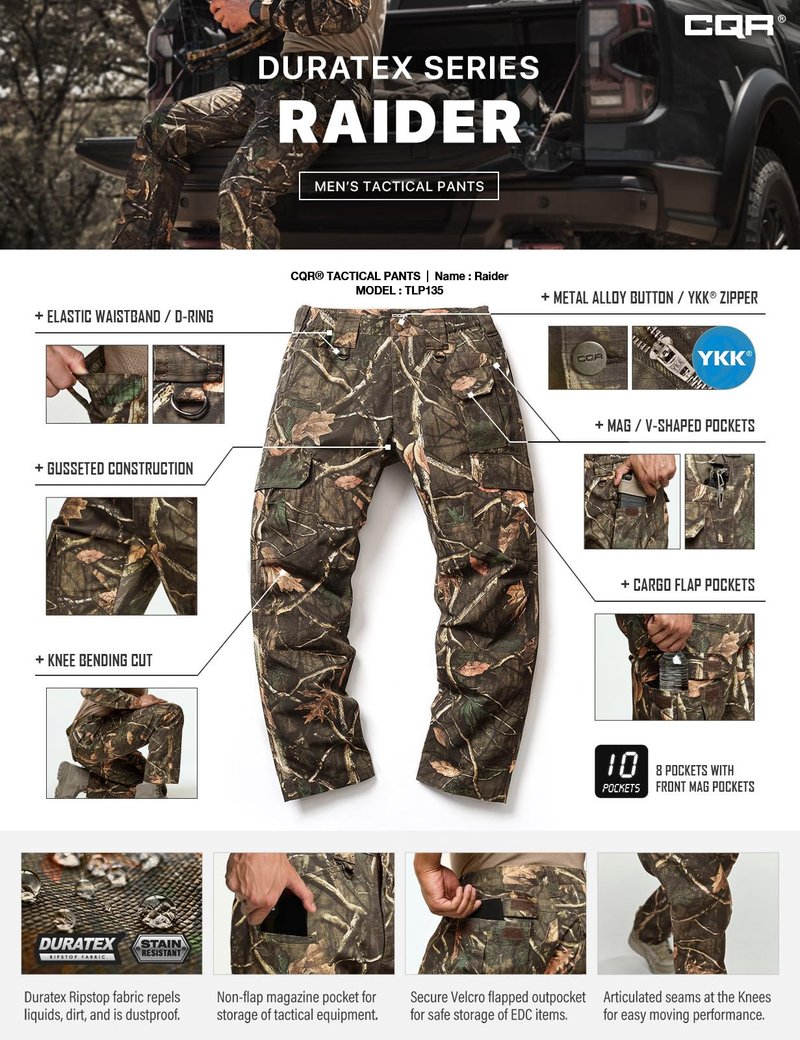 CQR Men's Tactical Pants, Water Resistant Ripstop Cargo Pants, Lightweight EDC Work Hiking Pants, Outdoor Apparel, Duratex Mag Pocket Print Hunting Camo, 38W x 30L