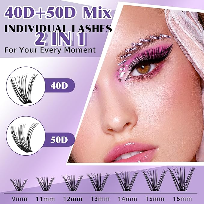 DIY Lash Extension Kit 280pcs Individual Lashes Cluster D Curl Eyelash Extension Kit Lash Clusters with Lash Bond and Seal and Lash Applicator Tool (KIT,40D+50D-D-9-16MIX)