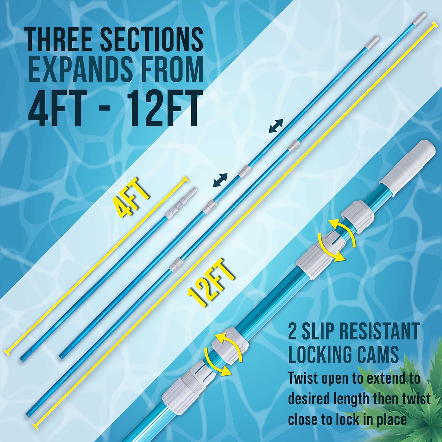 U.S. Pool Supply 12 Foot Swimming Pool Pole Telescopic - Aluminum Pool Skimmer Pole Net, Rake, Brush, Vacuum Head Handle, Attach Cleaning Equipment Accessories, Adjustable 3 Piece Expandable Extension
