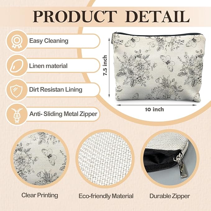 Vintage Boho Floral Butterfly Makeup Bag, Chinoiserie Black and White Cosmetic Bags for Women, Cottagecore Botanical Butterfly Zipper Makeup Pouch