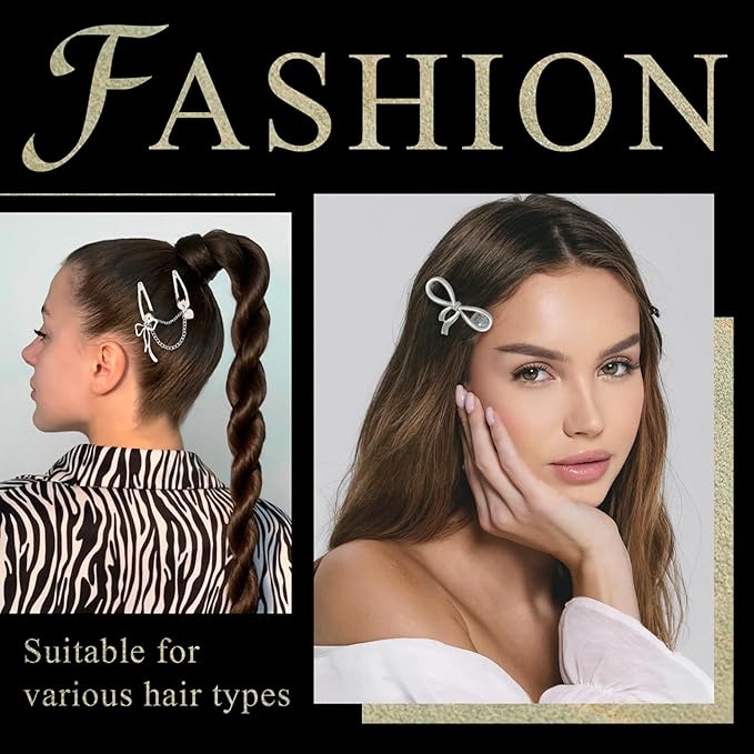 10PCS Silver Hair Clips Black Bow Hair Clips Alloy Y2K Hair Accessories Coquette Hair Bows for Women Girls