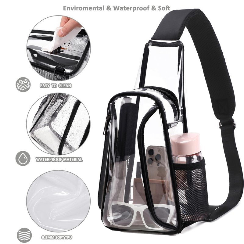 Caoroky knight clear bag for stadium events approved crossbody bags transparent TPU sling shoulder purse casual chest pack heavy duty clear backpack for men women-Black