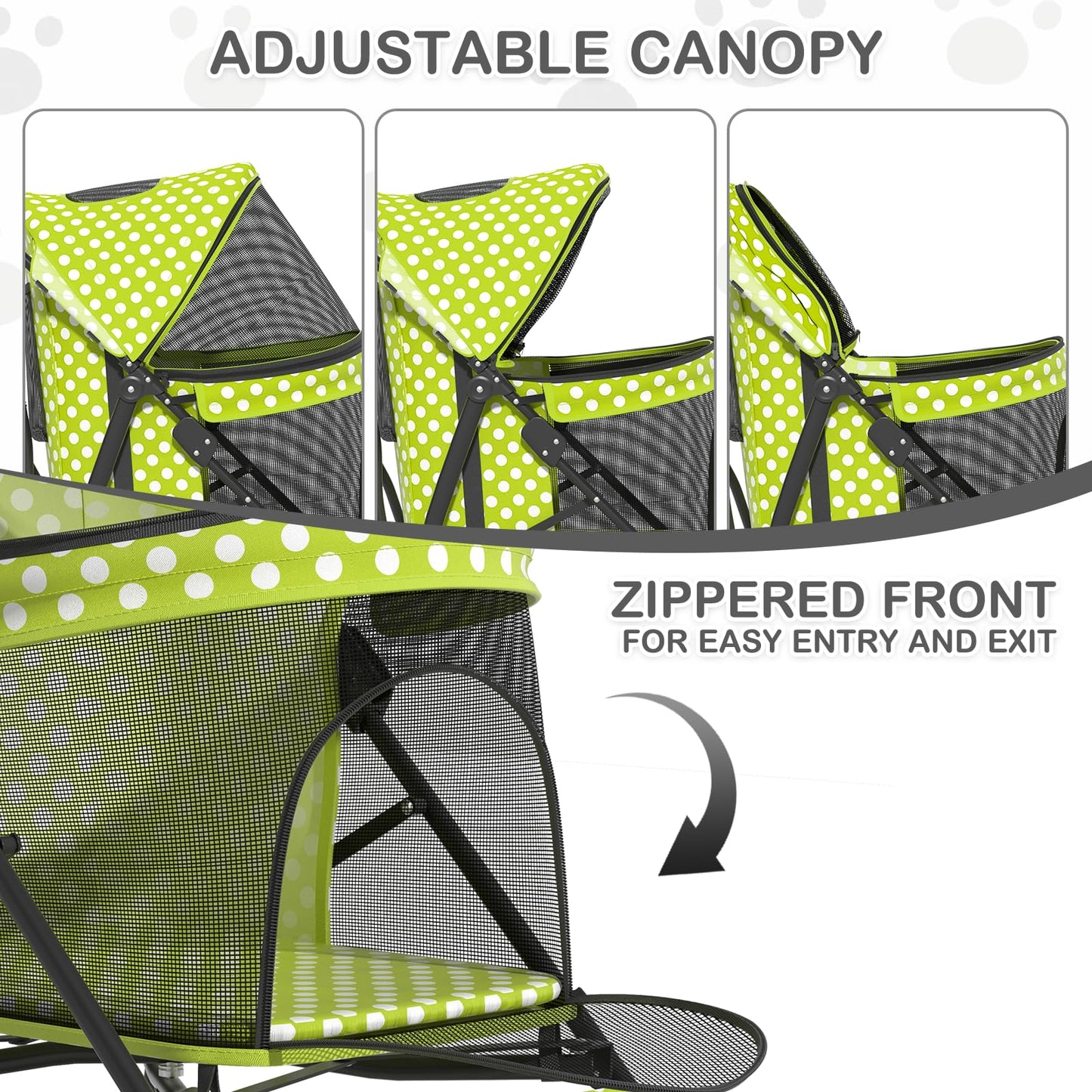 MoNiBloom 4 Wheels Pet Stroller, Easy-Fold Umbrella Shaped Dog Cat Jogger Stroller w/Storage Bag & Visible Mesh for Small/Medium Dogs Cats Lawn Green Polka Dots