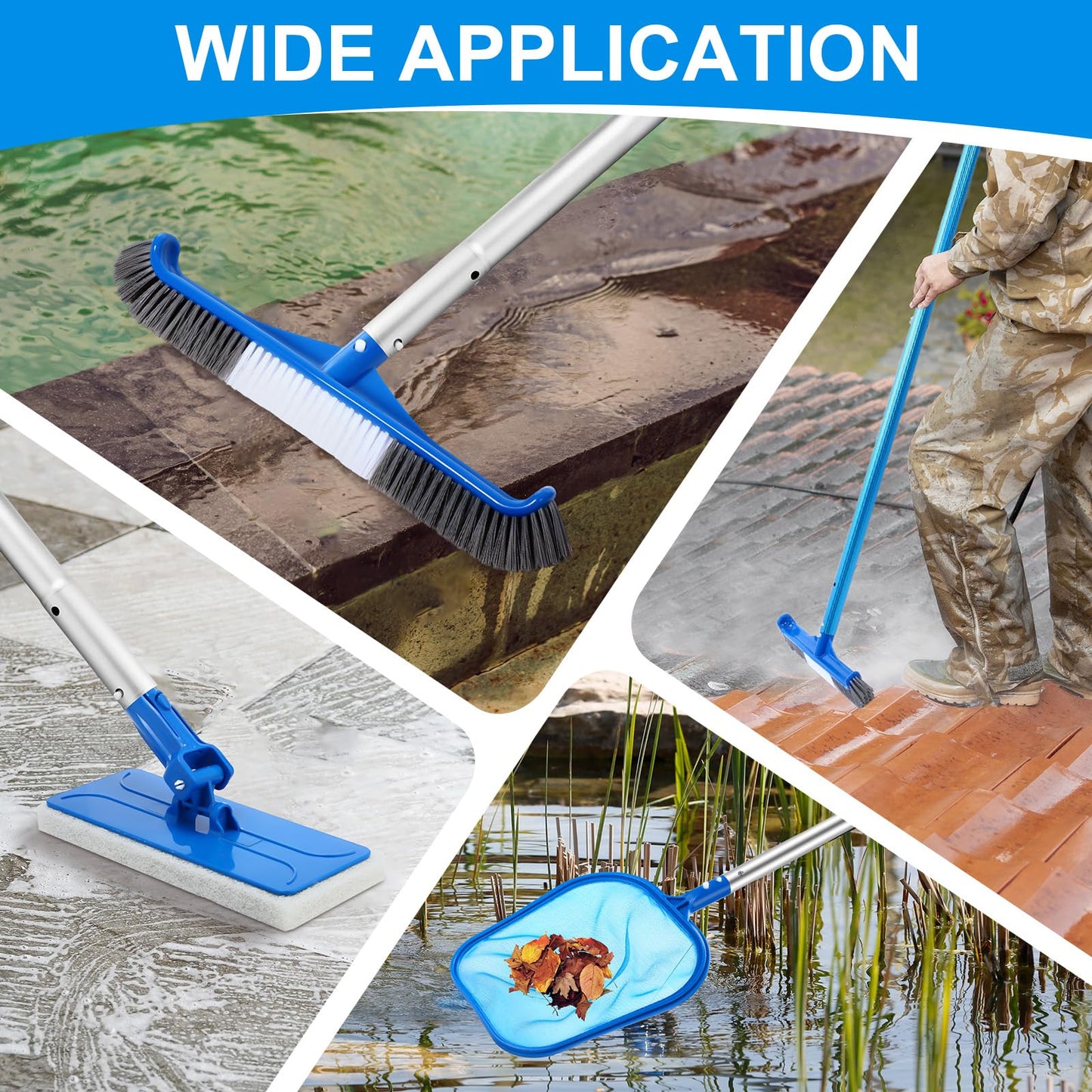 Tioncy 4 Pack Swimming Pool Cleaning Kit Including Pool Cleaning Brush Scrubbing Scouring Sponge Pad Skimmer Leaf Net and 47inch Swimming Pool Cleaning Poles for Inflatable Pool Home Spas Hot Tubs