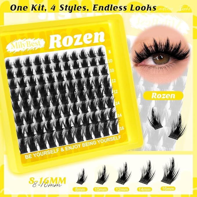 MilyBest 4 Styles Lash Clusters Kit, Silk/Rozen/Fable/Mist Bottom Eyelash Clusters Extensions Mini Boxes with Lash Bond & Seal, Remover and Lash Tweezer Spiky DIY Individual Lashes Extension Kit
