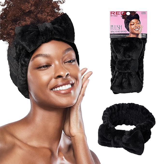 Red by Kiss Spa Headband for Washing Face Facial Makeup Bow Head Band Soft Plush Fleece Stretchy Head Wraps for Women Shower Bath Washing Face Mask (Black)