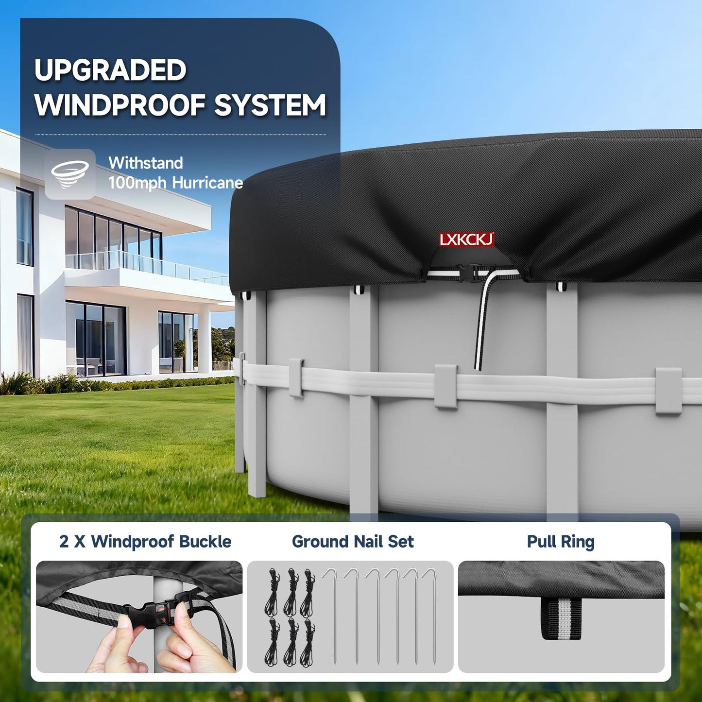 LXKCKJ 9 Ft Round Pool Cover, Solar Covers for Above Ground Pools, Stock Tank Pool Cover Protector with Accessories, Round Hot Tub Covers Ideal for Waterproof and Dustproof (Black)