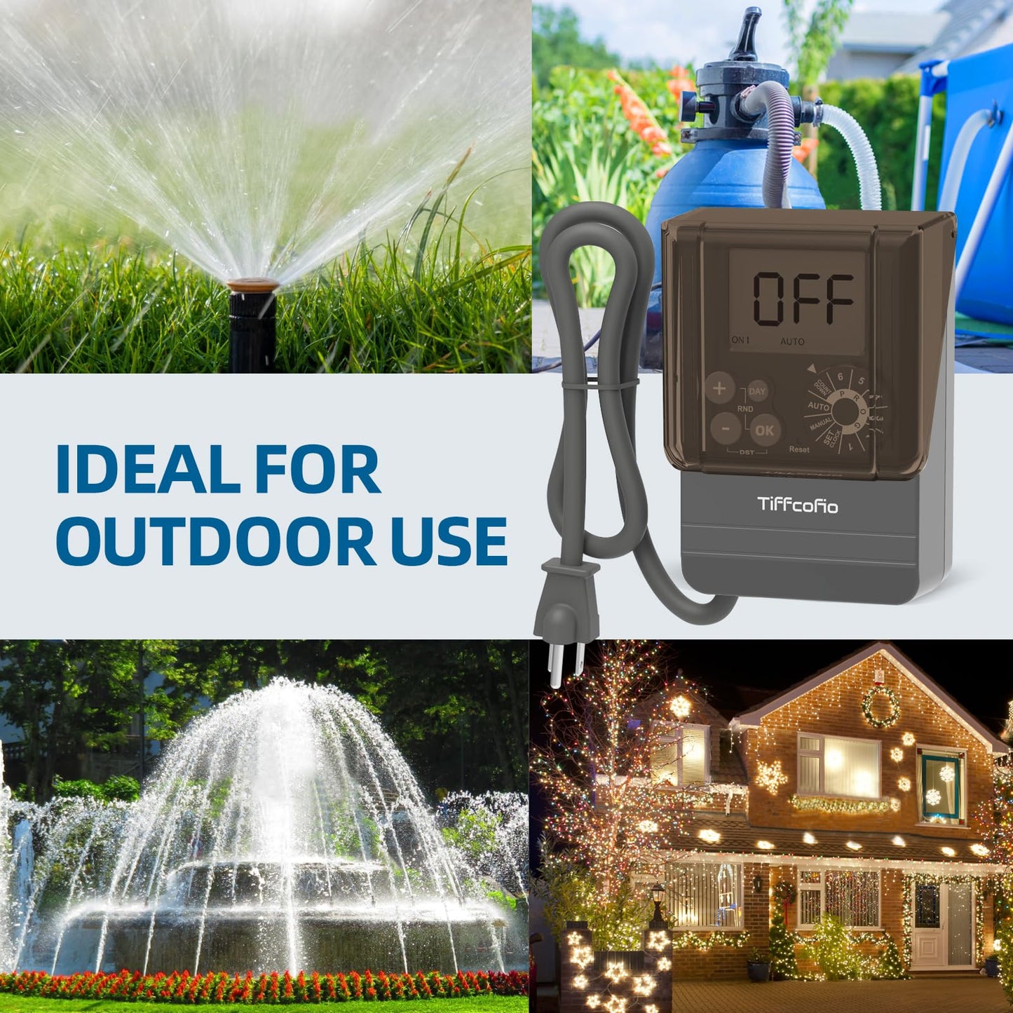TiFFCOFiO Outdoor Digital Pool Timer, Dial Programmable Method, Outdoor Timer with 2FT Extension Cord Waterproof, 2 Grounded Electrical Outlets for Lights, 6 Sets of Programs,1HP (20A)
