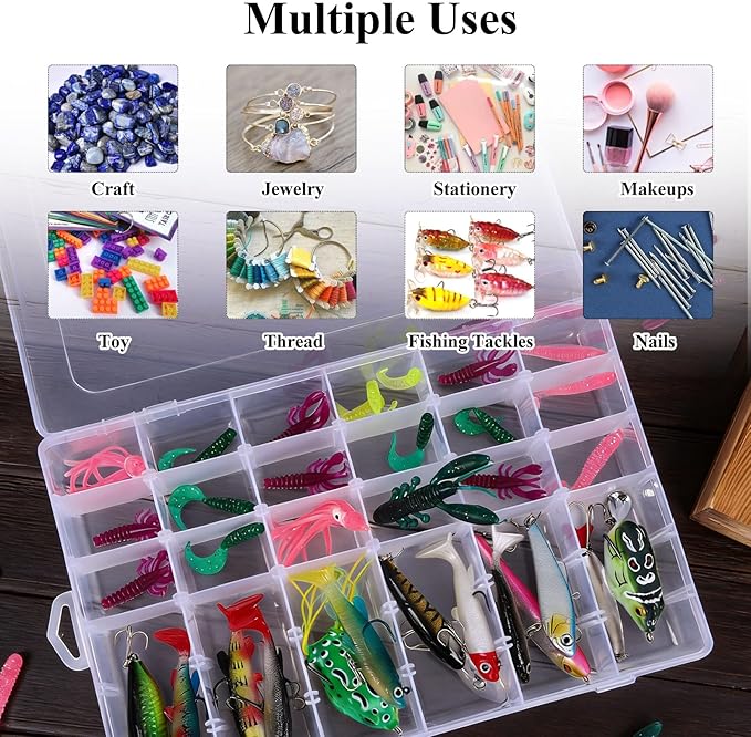OUTUXED 8 Pack 36 Grids Clear Plastic Storage Boxes with Adjustable Dividers, Beads Storage Containers, Jewelry and DIY Crafts Organization, Screw & Hardware Sorting with 10 Label Stickers
