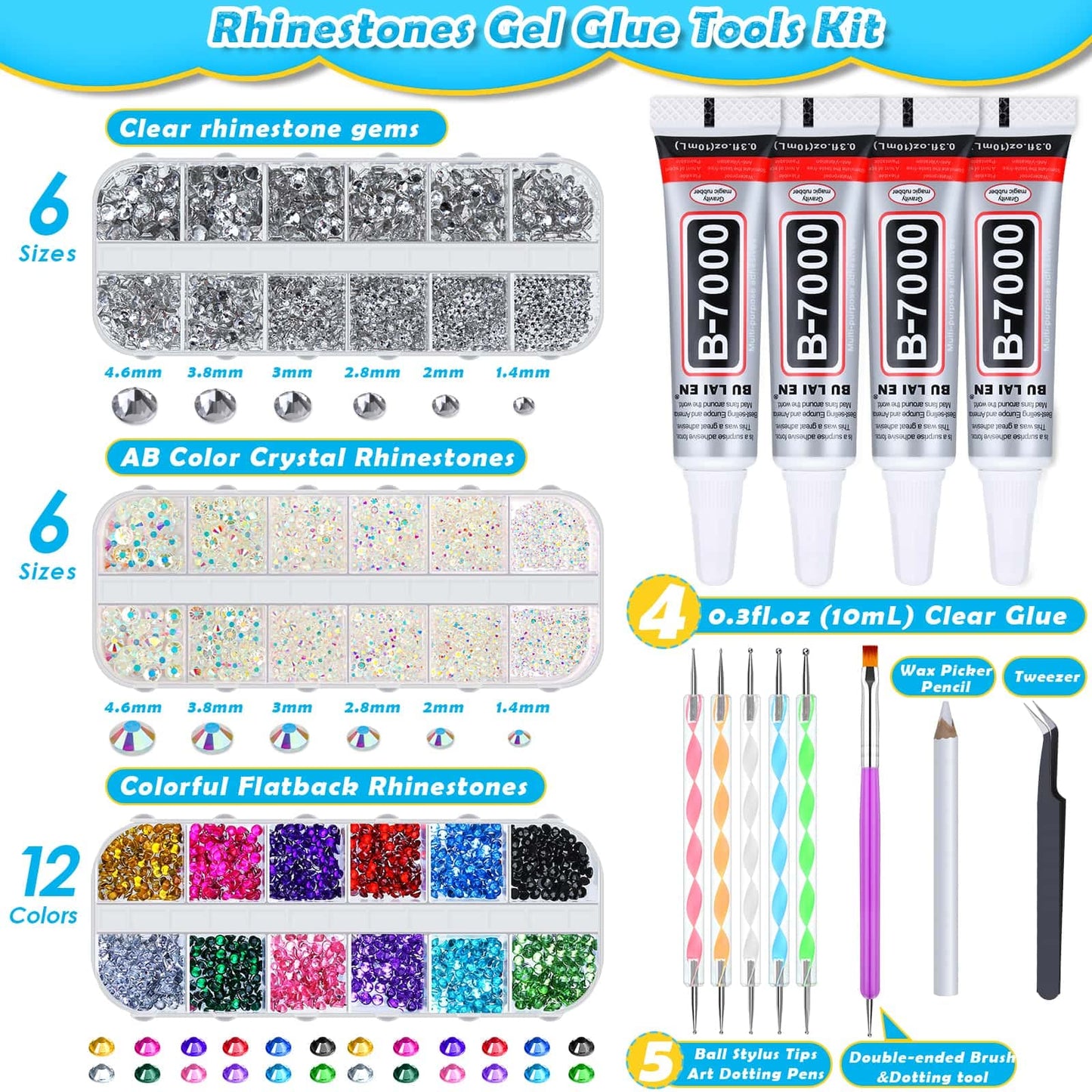 shynek B7000 Jewelry Glue with Rhinestones for Crafts, 6300Pcs Rhinestones with Gems Adhesive for Shoes Cloth Fabric with Picker Pencil for Crafting Diamond Art Graduation Cap Decorations