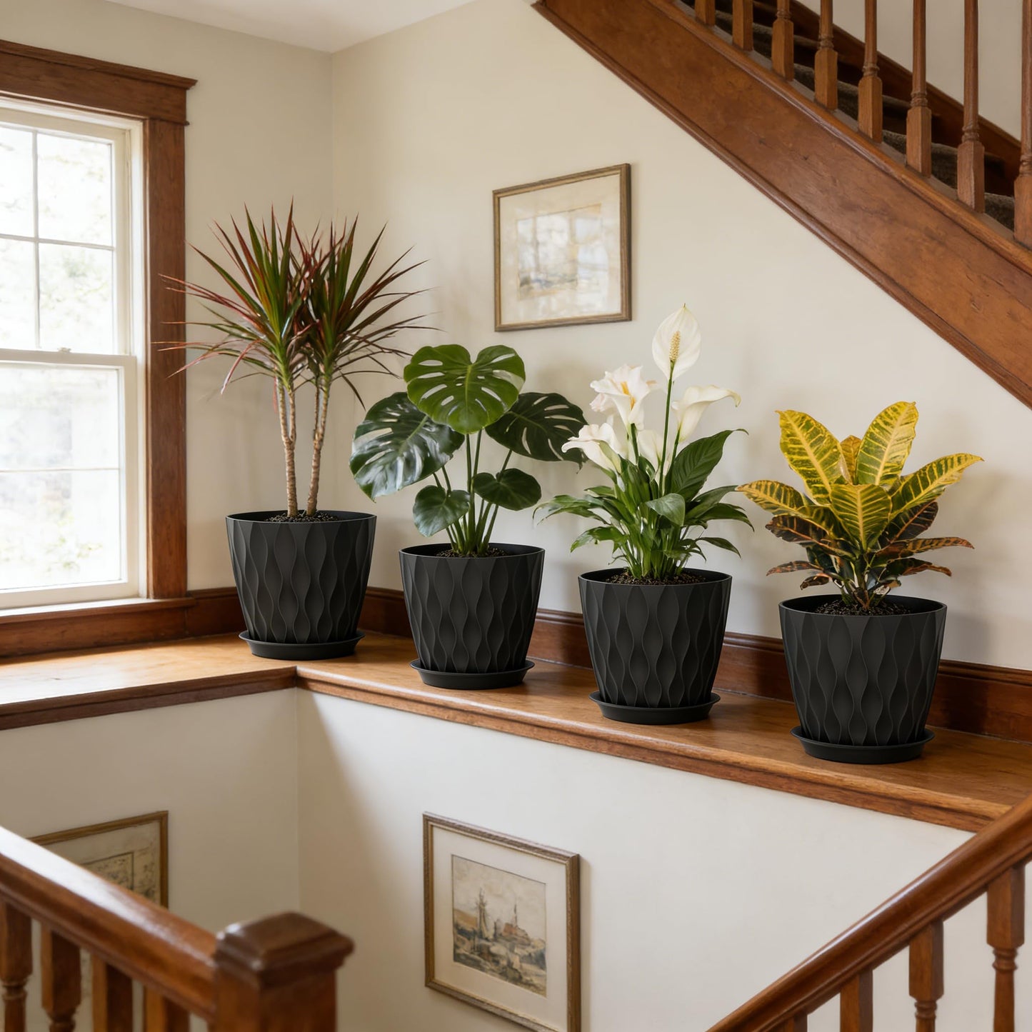 UOUZ 8 Inch Plant Pots, 4 Pack Plastic Planters for Indoor Outdoor with Drainage Holes & Saucers, Waffle Texture Flower Pots for Indoor Plants, Indoor Plant Pots for Monstera, Fiddle Leaf Fig, Black