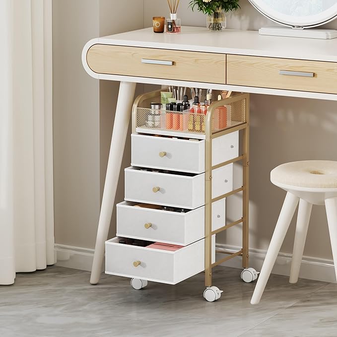 SWTYMIKI Rolling Makeup Organizer Cart - Under Desk Vanity Makeup Storage with 4 Non-woven Drawers, Nail Cart Organizer Cosmetic Display Cases Cabinet for Skin Care Perfume Nail Polish Brush Hair Tool