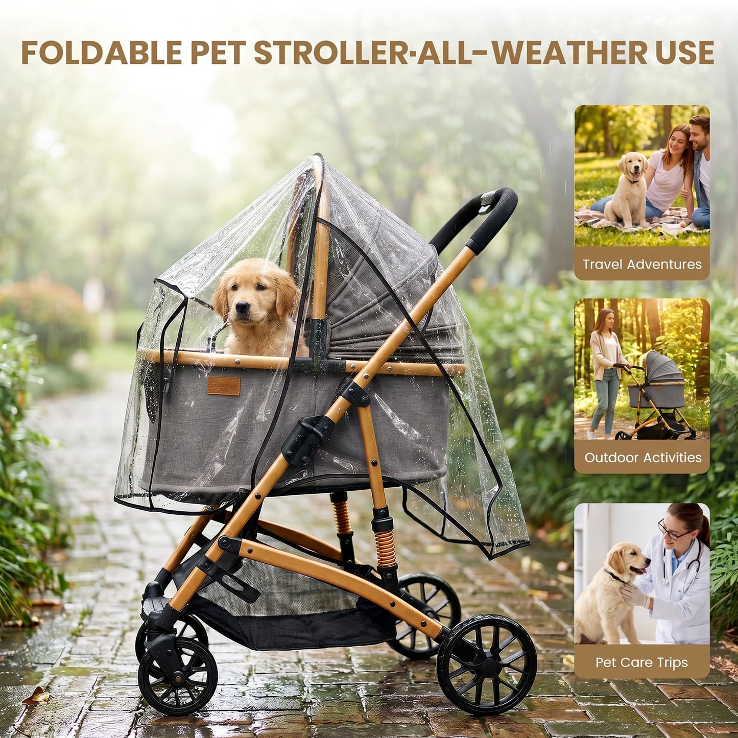 Ioboneed 3-in-1 Dog Stroller with Rain Cover, Quick Foldable, Detachable Carrier & Car Seat, for Medium Dogs Cats Up to 50 lbs, Anti-Shock Solid Rubber Wheels, Grey