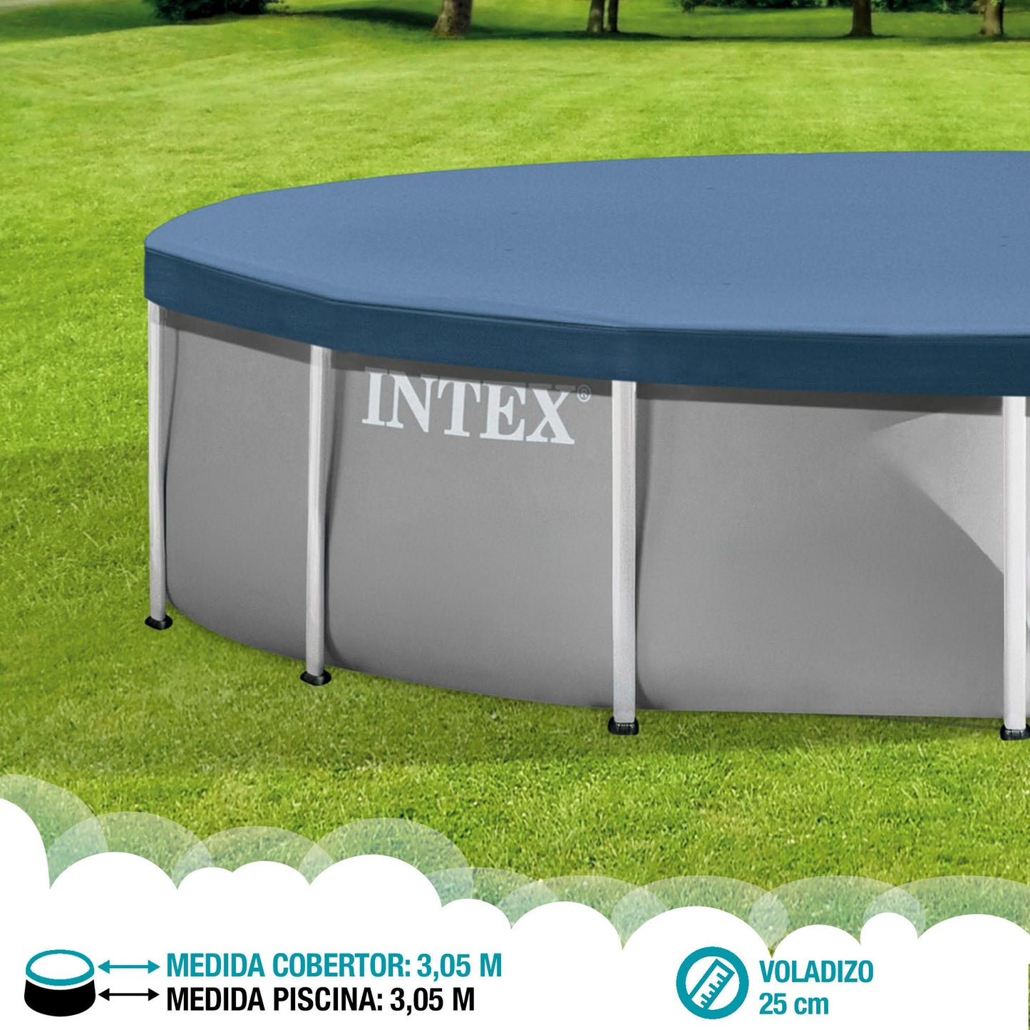 INTEX 28030E Pool Cover: For 10ft Round Metal Frame Pools – Includes Rope Tie – Drain Holes – 10in Overhang – Snug Fit