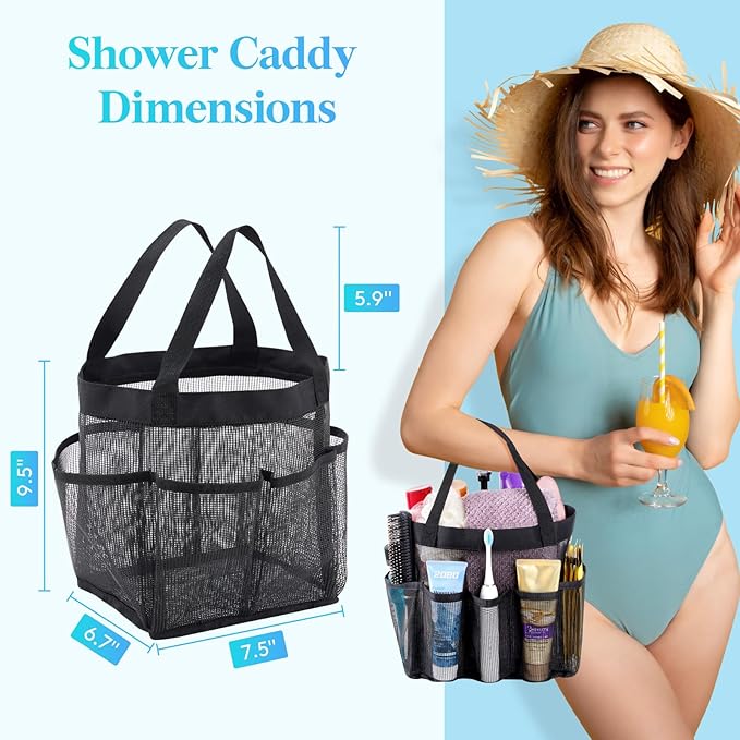 Lifewit Mesh Shower Caddy 2 Packs, Freestanding Portable Shower Tote Bag for Dorm, Bathroom, Gym, Travel, Quick Dry Hanging Organizer with 7 Storage Pockets for Toiletry Essentials, Black