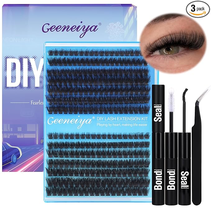 Geeneiya Thick Lashes Extension Kit DIY Lash Clusters Kit Full Eyelash Extension Kit with Lash Bond and Seal Lash Glue, Lash Applicator for Beginners (80D+100D,10-18MM, 280Pcs)