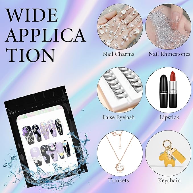 100PCS Empty Solid Black Holographic Nail Storage Bag Press on Nail Packaging Bag and 100PCS Shiny white cardboard Nail Tips Packaging Bags with 1 Roll Transparent Tape