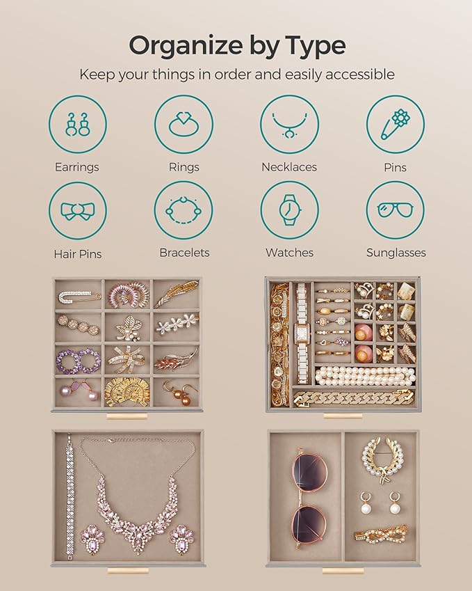 SONGMICS GISELLA Collection - Jewelry Box Organizer, 4-Layer Jewelry Storage with 3 Drawers, Shiny Metal Hardware, Glass Lid, Modern, 8 x 9.1 x 6.5 Inches, Dove Gray and Gold Color UJBC173G01