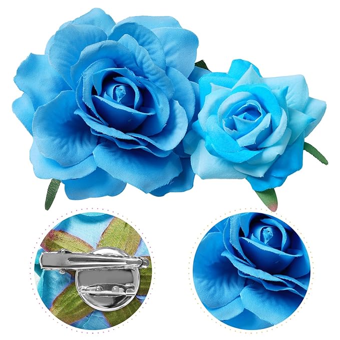Rose Hair Clip Flower Hairpin Brooch Floral Clips, 4 Pcs Fabric Rose Flowers Hair Clips Mexican Hair Flowers Pin up Headpieces for Woman Girl Wedding Party Mother's Day (Light Blue)