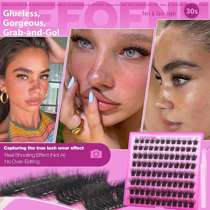 Self Adhesive Eyelashes Fluffy Self Adhesive Lash Clusters Pre Glue Eyelash Clusters Wispy Cluster Eyelash Extensions 10-16mm No Glue Needed Individual Lashes DIY Lash Extension Kit with Tweezers