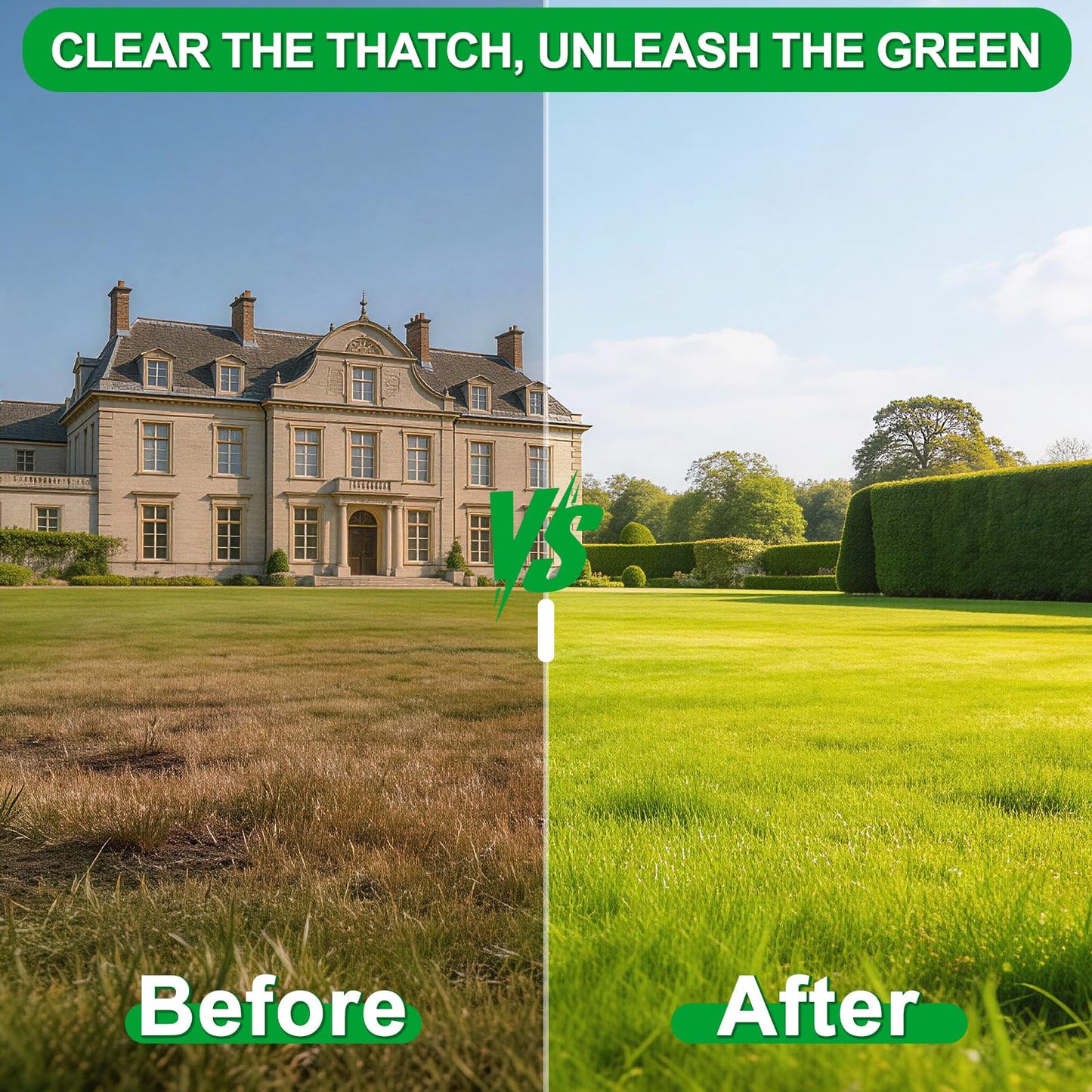 Thatch Rake for Lawn with 68" Adjustable Handle, 15" Heavy Duty Dethatcher Rake for Lawn, Thatching Rake with Dual-Action Tines, Dethatching Rake for Efficiently Removes Dead Grass, Loosens Soil