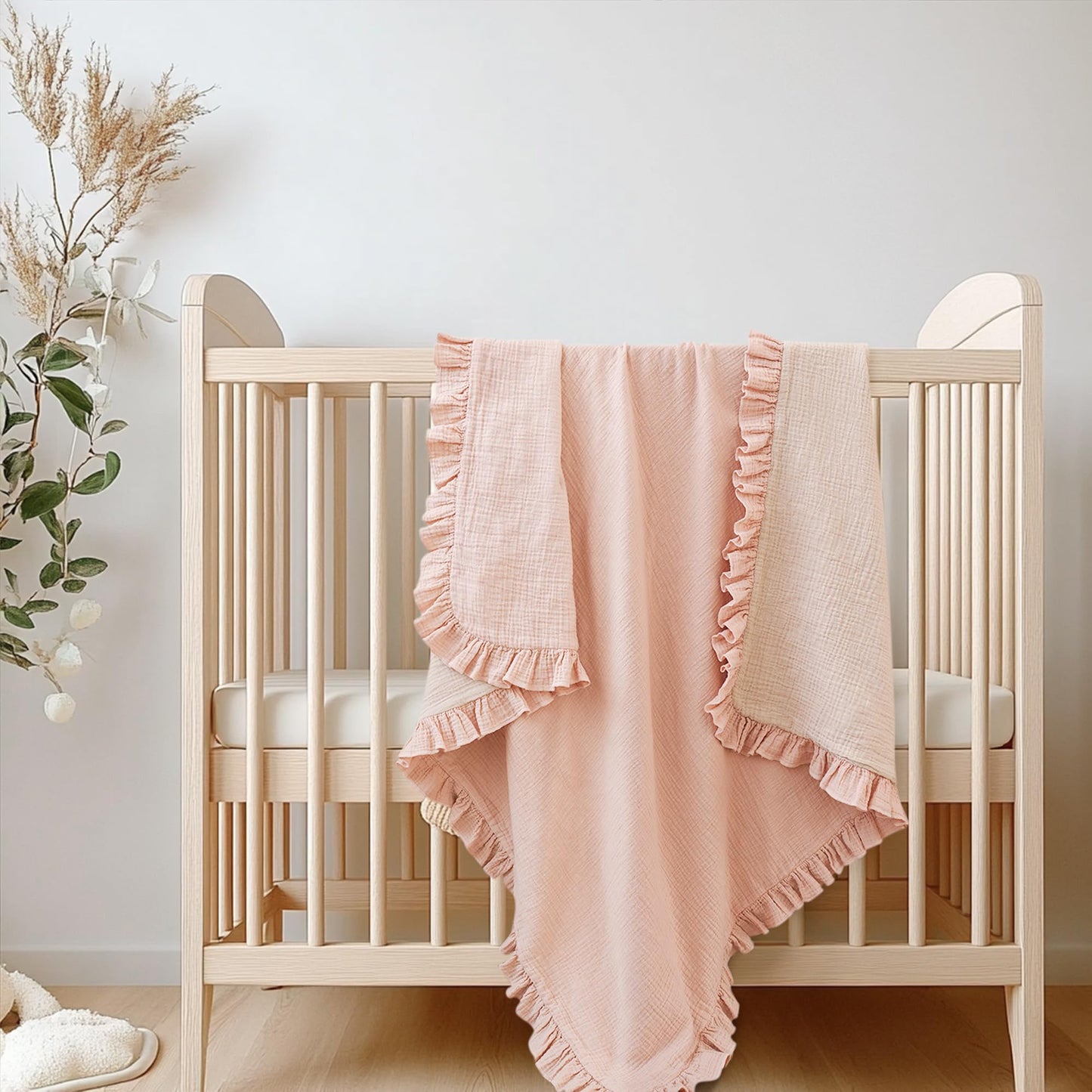Konssy Flounce Muslin Baby Blanket for Girls Boys, 100% Cotton Soft Crib Swaddle Blankets, Reversible & Breathable Nursery Bedding for Newborns Toddlers, 40 x 36 Inches (Pink)
