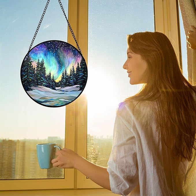 DASTOLL Stained Glass Window Hanging, Aurora Landscape Sun Catchers Glass Panel Green Trees Suncatcher Decor for Birthday for Women, Men, Wife, Aunt, and Mom 6.3 in